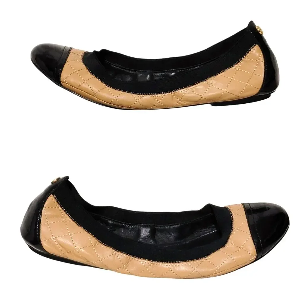 Tory Burch Bridgette Beige Patent Leather Quilted Scrunch Ballet Flat Shoes 9M